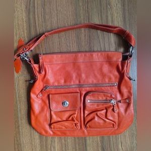 Roots tribe crossbody bag, orange, faded, worn, soft quality leather, long adjus